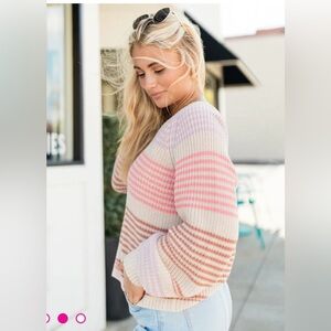 Pink Lily Striped Knit Sweater in Cream, Pink, Lavender, and Rust